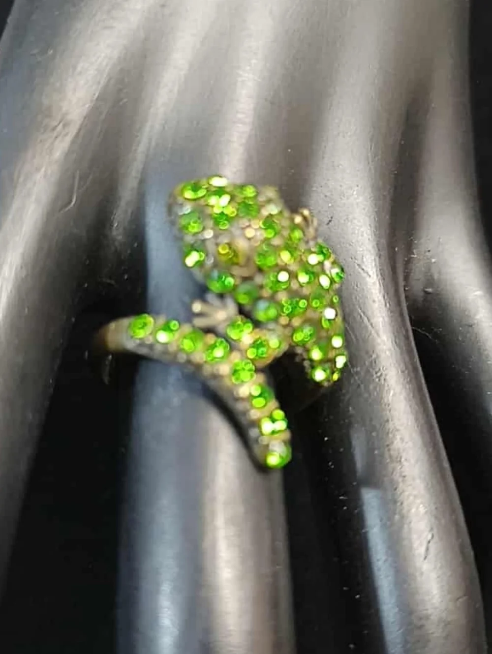 80’s Frog Wrap Ring Green Rhinestone Statement Adjustable Ring Sz.8